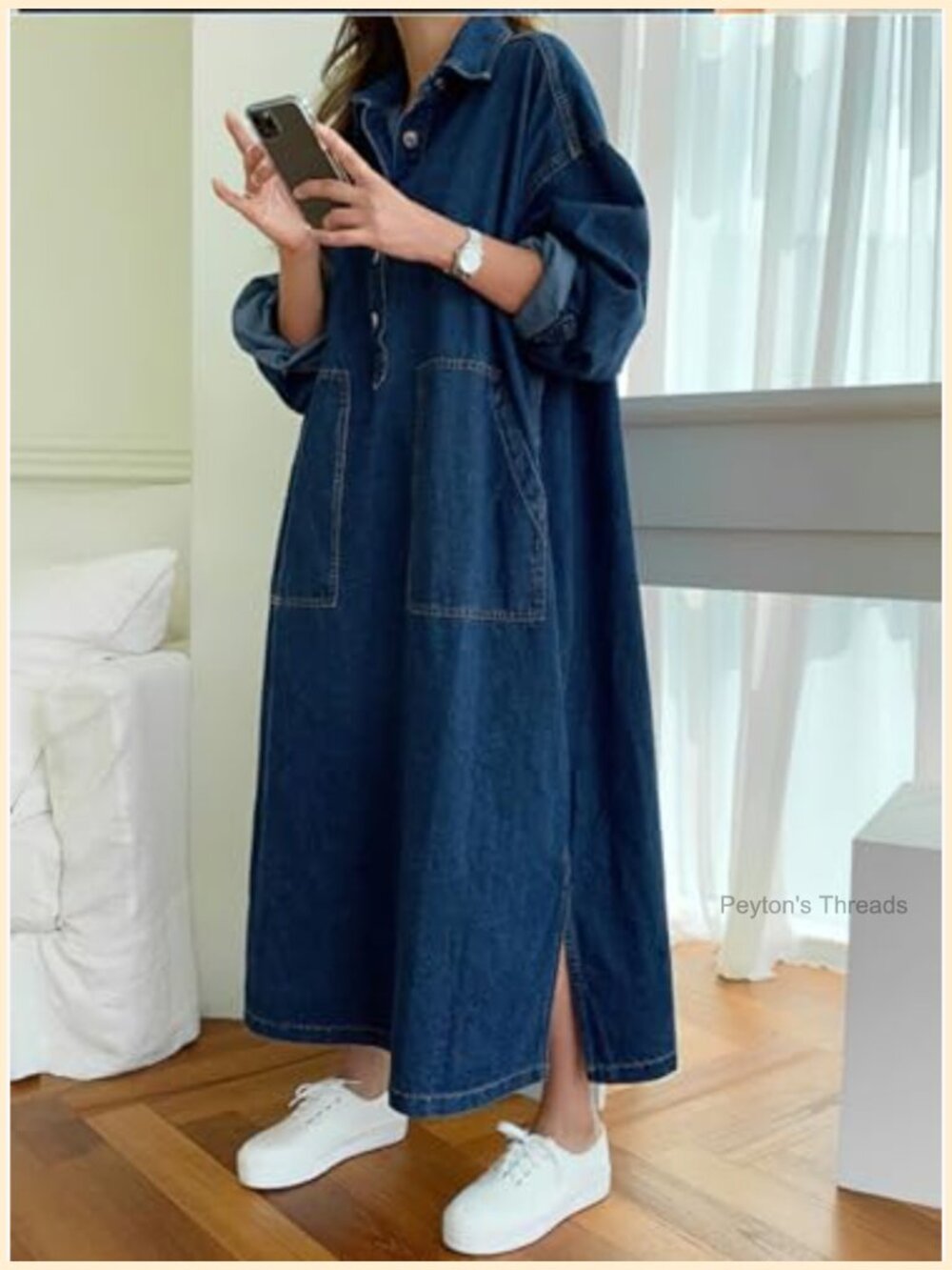 Casual Long Sleeve Maxi Denim Dress 1/2 Button Down Tunic Swing Dress - Picture 5 of 6